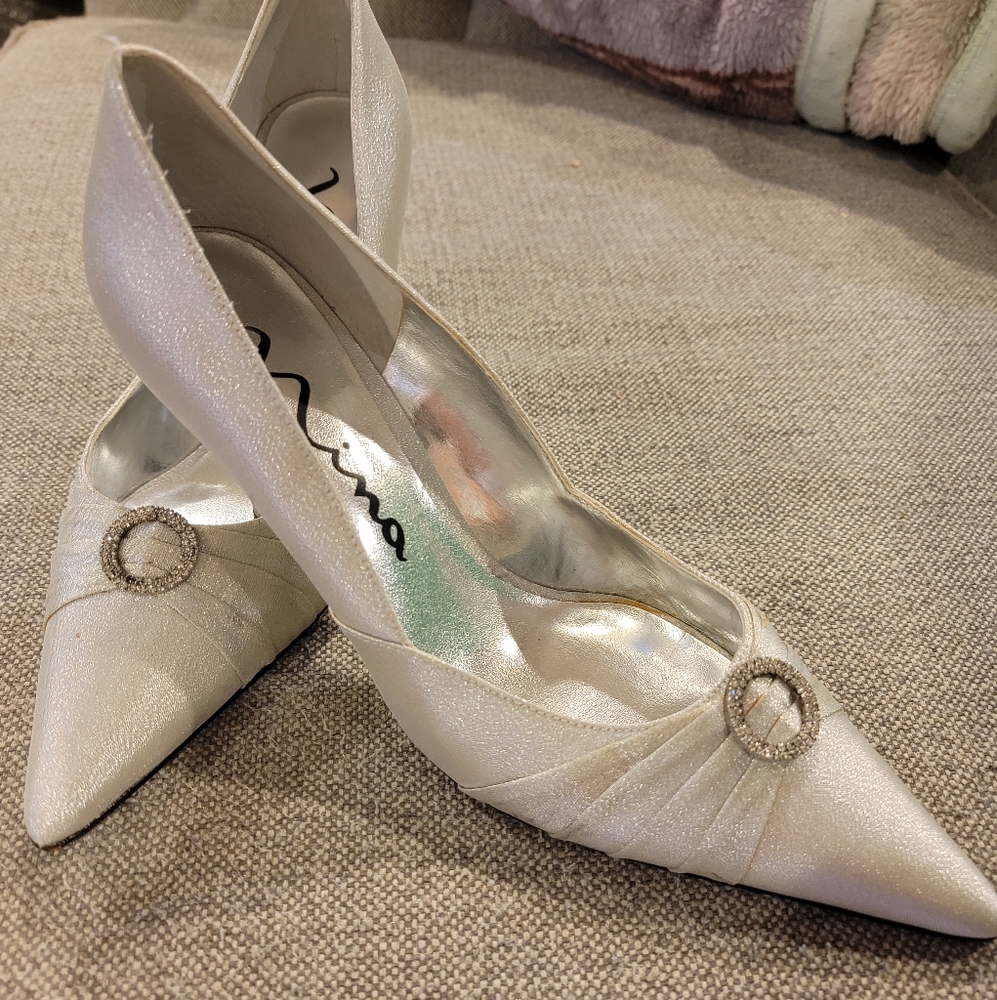 Nina Ivory Satin Pointed-Toe Heels with Rhinestone Buckle